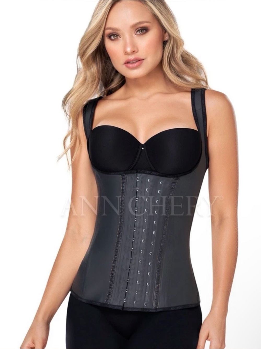 Ann Chery Latex Black Waist Trainer Vest Adjustable Front Hooks Size 36 Large